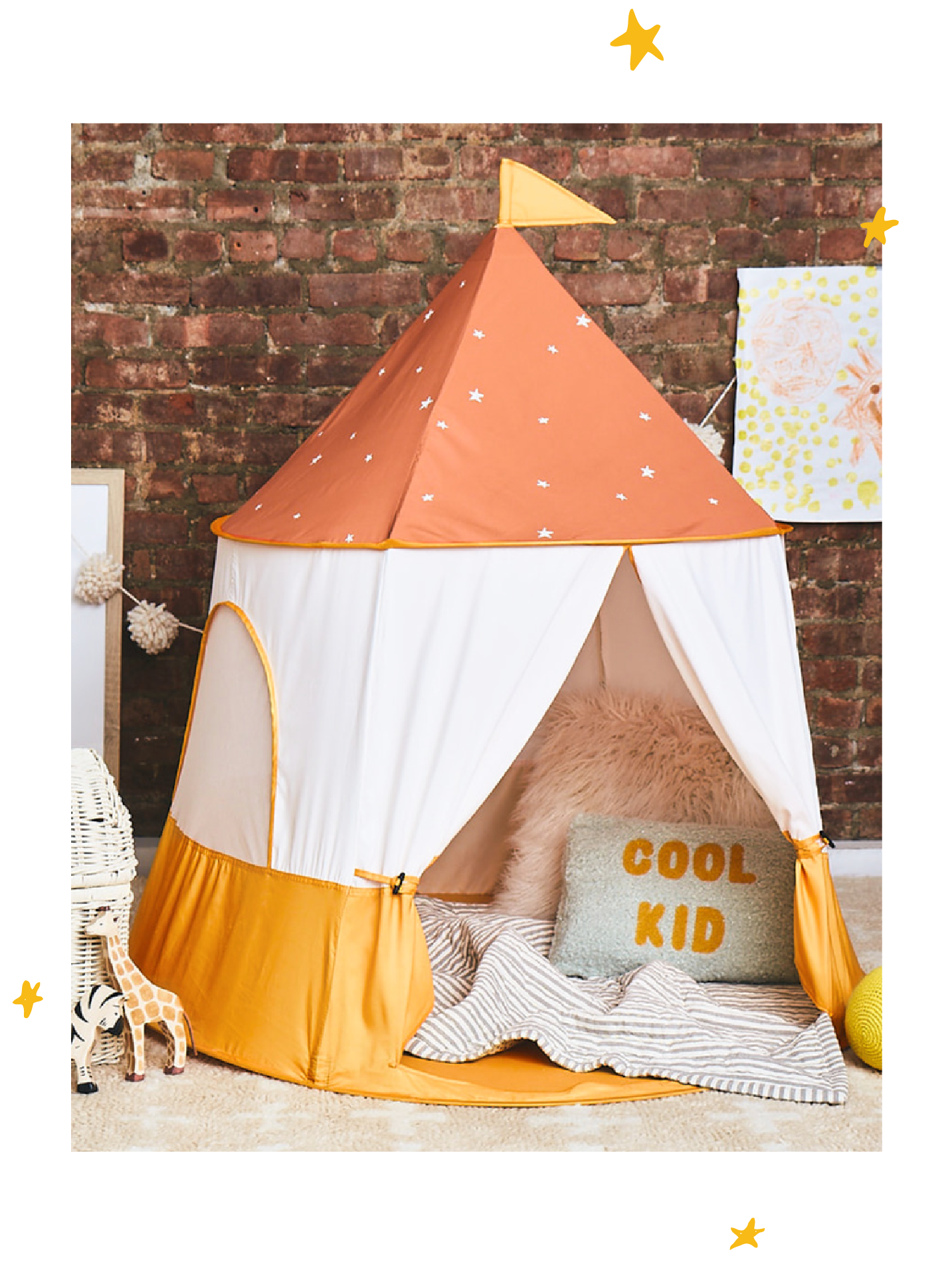 Chelsea & West retro play tent with yellow and white contrast, brown top with stars, yellow flag