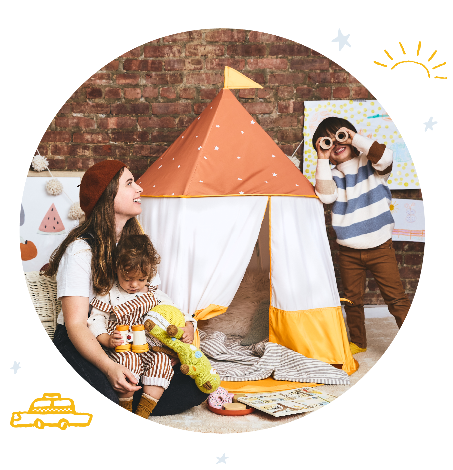 a mom and two young kids playing next to the retro two-tone play tent